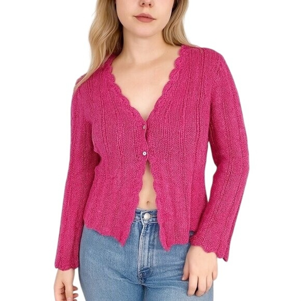 JUDITH HART‎ VINTAGE 90s Pink Scallop Open Knit Button Cardigan Sweater Size M